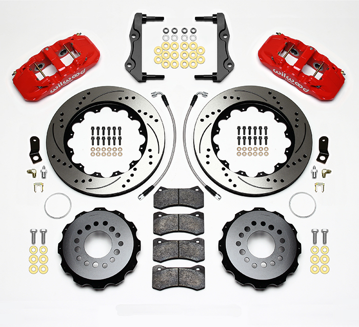 Wilwood AERO4 Big Brake Rear Brake Kit For OE Parking Brake Parts Laid Out - Red Powder Coat Caliper - SRP Drilled & Slotted Rotor