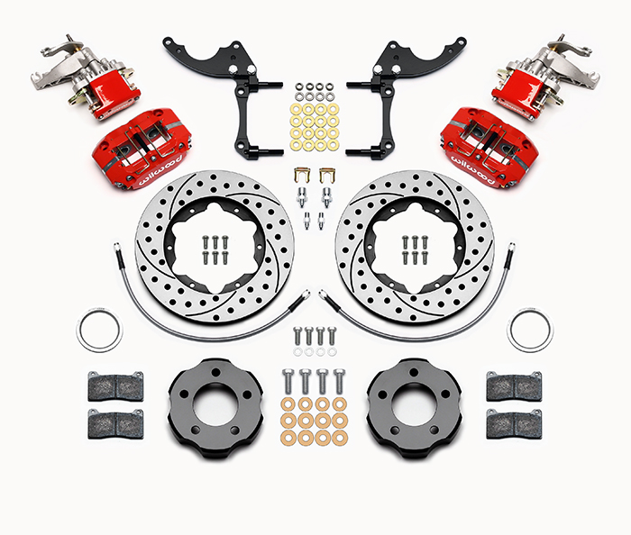 Wilwood Dynapro Radial-MC4 Rear Parking Brake Kit Parts Laid Out - Red Powder Coat Caliper - SRP Drilled & Slotted Rotor