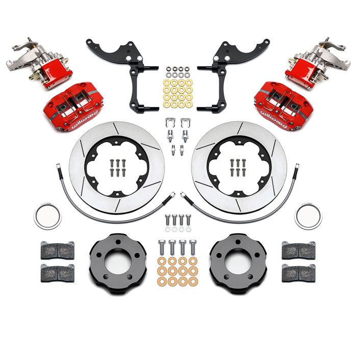 Wilwood Dynapro Radial-MC4 Rear Parking Brake Kit Parts Laid Out - Red Powder Coat Caliper - GT Slotted Rotor