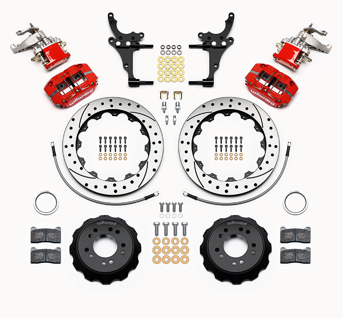 Wilwood Dynapro Radial-MC4 Rear Parking Brake Kit Parts Laid Out - Red Powder Coat Caliper - SRP Drilled & Slotted Rotor