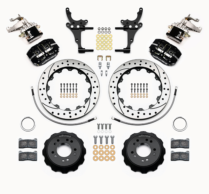 Wilwood Dynapro Radial-MC4 Rear Parking Brake Kit Parts Laid Out - Black Powder Coat Caliper - SRP Drilled & Slotted Rotor