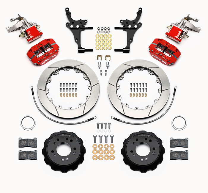 Wilwood Dynapro Radial-MC4 Rear Parking Brake Kit Parts Laid Out - Red Powder Coat Caliper