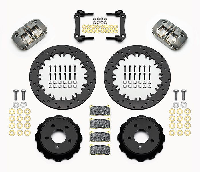 Wilwood Dynapro Radial  Rear Drag Brake Kit Parts Laid Out - Type III Anodize Caliper - Drilled Rotor