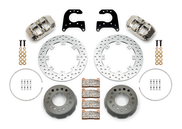 Wilwood Dynapro SA Lug Drive Dynamic Rear Drag Brake Kit Parts Laid Out - Nickel Plate Caliper - Drilled Rotor