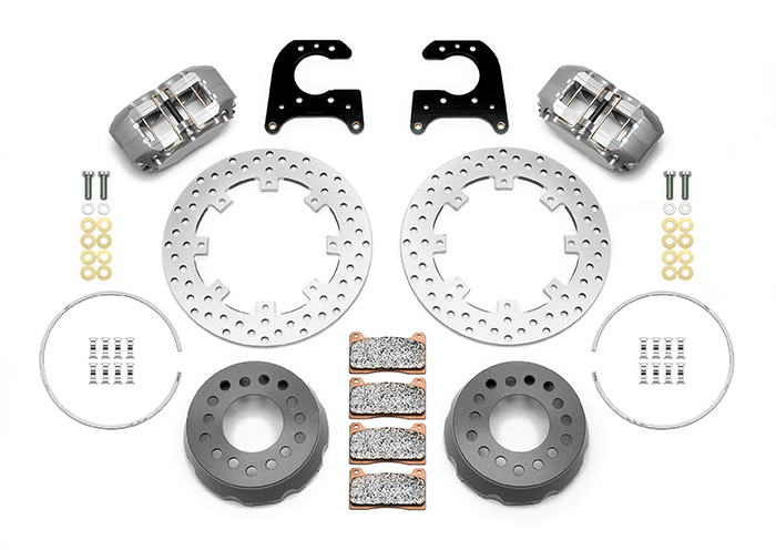 Wilwood Dynapro SA Lug Drive Dynamic Rear Drag Brake Kit Parts Laid Out - Type III Anodize Caliper - Drilled Rotor