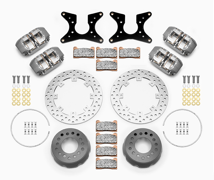 Wilwood Dynapro Dual SA Lug Drive Dynamic Rear Drag Brake Kit Parts Laid Out - Type III Anodize Caliper - Drilled Rotor