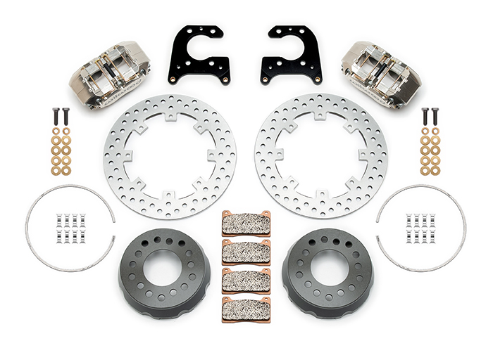 Wilwood Dynapro SA Lug Drive Dynamic Rear Drag Brake Kit Parts Laid Out - Nickel Plate Caliper - Drilled Rotor