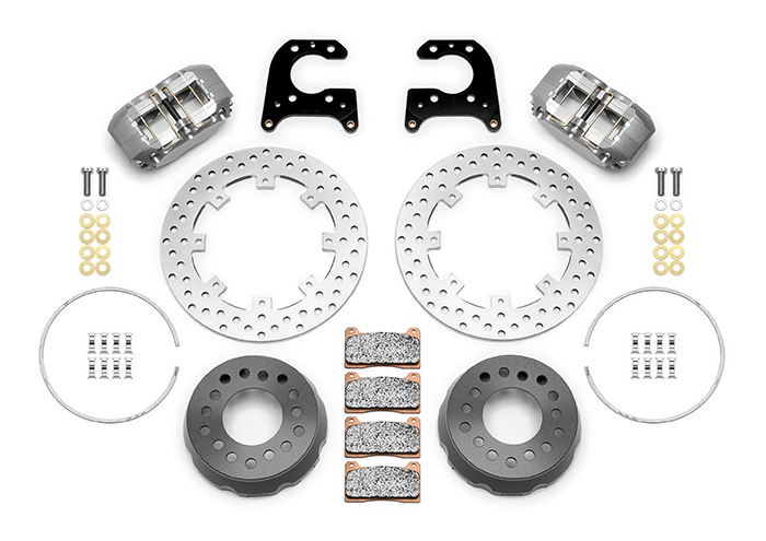 Wilwood Dynapro SA Lug Drive Dynamic Rear Drag Brake Kit Parts Laid Out - Type III Anodize Caliper - Drilled Rotor