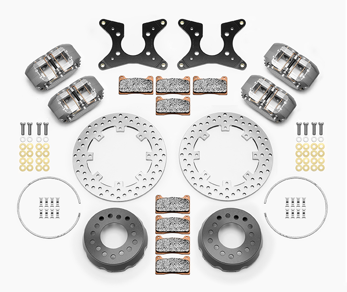 Wilwood Dynapro Dual SA Lug Drive Dynamic Rear Drag Brake Kit Parts Laid Out - Type III Anodize Caliper - Drilled Rotor