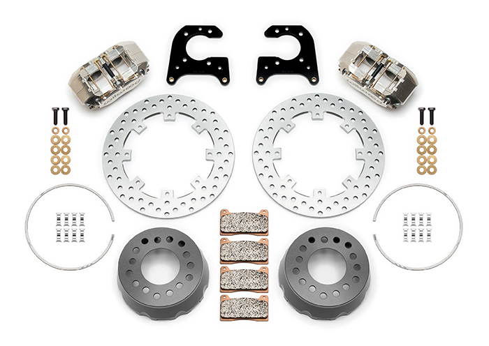 Wilwood Dynapro SA Lug Drive Dynamic Rear Drag Brake Kit Parts Laid Out - Nickel Plate Caliper - Drilled Rotor