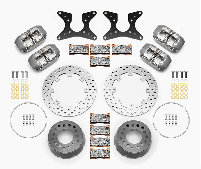 Wilwood Dynapro Dual SA Lug Drive Dynamic Rear Drag Brake Kit Parts Laid Out - Type III Anodize Caliper - Drilled Rotor