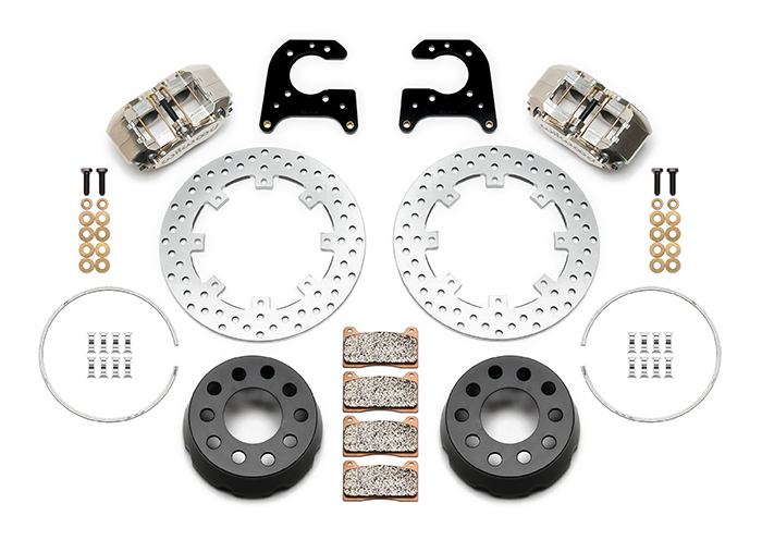 Wilwood Dynapro SA Lug Drive Dynamic Rear Drag Brake Kit Parts Laid Out - Nickel Plate Caliper - Drilled Rotor