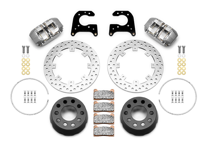 Wilwood Dynapro SA Lug Drive Dynamic Rear Drag Brake Kit Parts Laid Out - Type III Anodize Caliper - Drilled Rotor