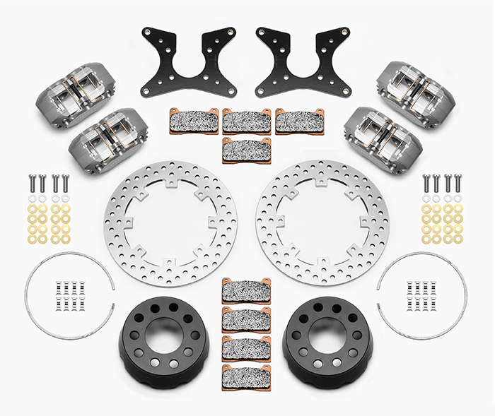 Wilwood Dynapro Dual SA Lug Drive Dynamic Rear Drag Brake Kit Parts Laid Out - Type III Anodize Caliper - Drilled Rotor