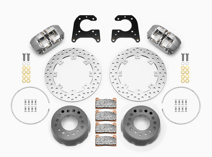 Wilwood Dynapro SA Lug Drive Dynamic Rear Drag Brake Kit Parts Laid Out - Type III Anodize Caliper - Drilled Rotor