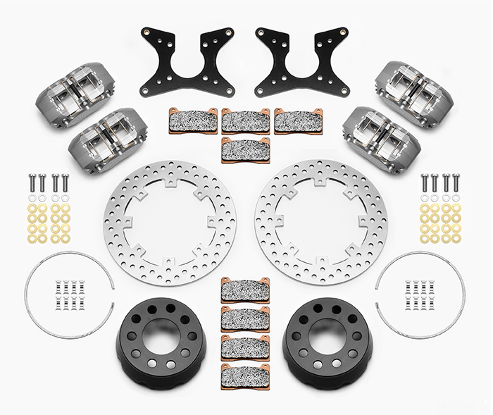 Wilwood Dynapro Dual SA Lug Drive Dynamic Rear Drag Brake Kit Parts Laid Out - Type III Anodize Caliper - Drilled Rotor