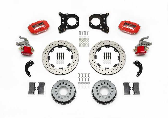 Wilwood Forged Dynalite-MC4 Rear Parking Brake Kit Parts Laid Out - Red Powder Coat Caliper - SRP Drilled & Slotted Rotor