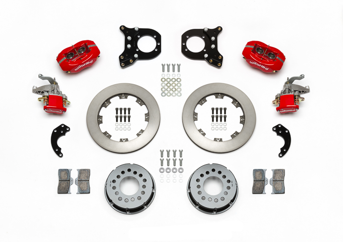 Wilwood Forged Dynalite-MC4 Rear Parking Brake Kit Parts Laid Out - Red Powder Coat Caliper - Plain Face Rotor