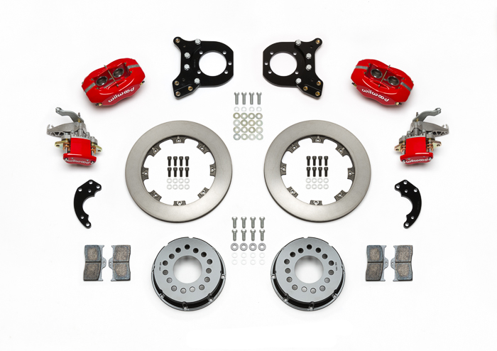 Wilwood Forged Dynalite-MC4 Rear Parking Brake Kit Parts Laid Out - Red Powder Coat Caliper - Plain Face Rotor