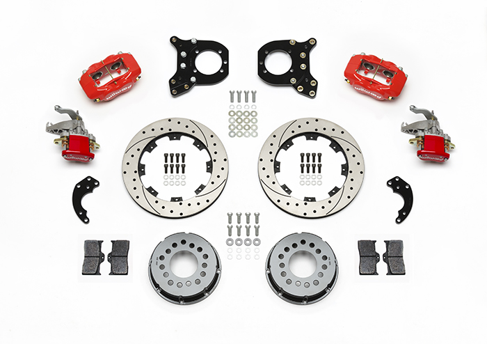 Wilwood Forged Dynalite-MC4 Rear Parking Brake Kit Parts Laid Out - Red Powder Coat Caliper - SRP Drilled & Slotted Rotor