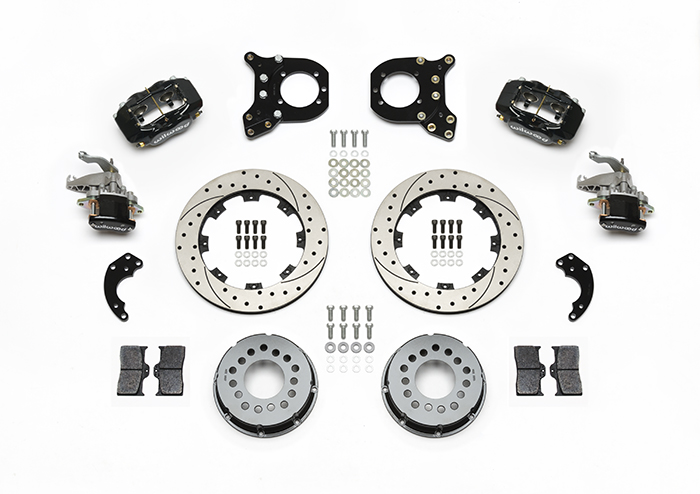 Wilwood Forged Dynalite-MC4 Rear Parking Brake Kit Parts Laid Out - Black Powder Coat Caliper - SRP Drilled & Slotted Rotor