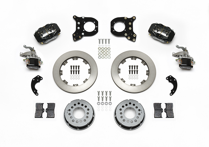 Wilwood Forged Dynalite-MC4 Rear Parking Brake Kit Parts Laid Out - Black Powder Coat Caliper - Plain Face Rotor