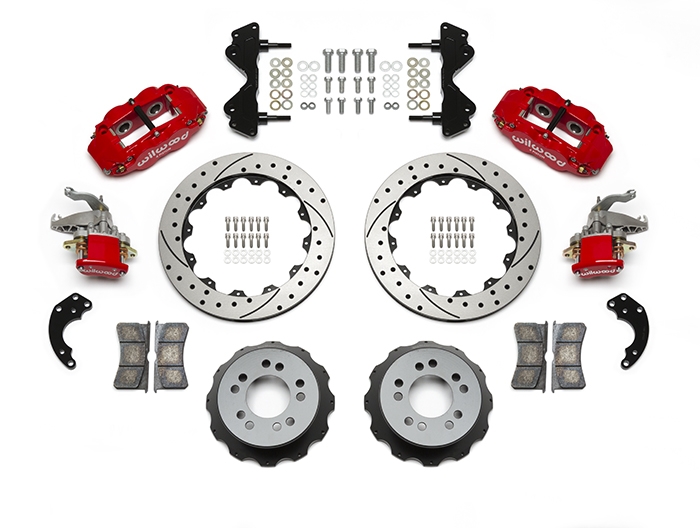 Wilwood Forged Narrow Superlite 4R-MC4 Big Brake Rear Parking Brake Kit Parts Laid Out - Red Powder Coat Caliper - SRP Drilled & Slotted Rotor