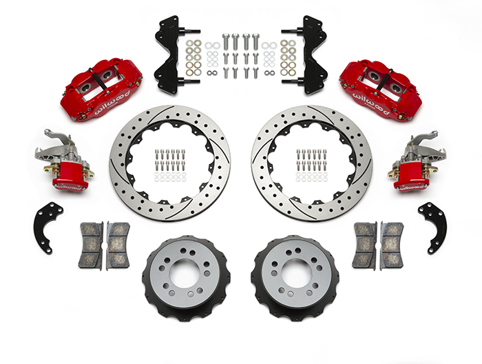 Wilwood Forged Narrow Superlite 4R-MC4 Big Brake Rear Parking Brake Kit Parts Laid Out - Red Powder Coat Caliper - SRP Drilled & Slotted Rotor