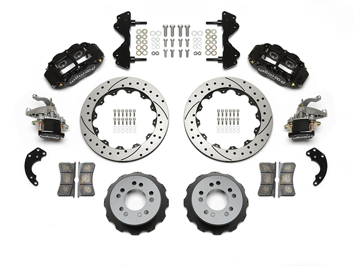 Wilwood Forged Narrow Superlite 4R-MC4 Big Brake Rear Parking Brake Kit Parts Laid Out - Black Powder Coat Caliper - SRP Drilled & Slotted Rotor