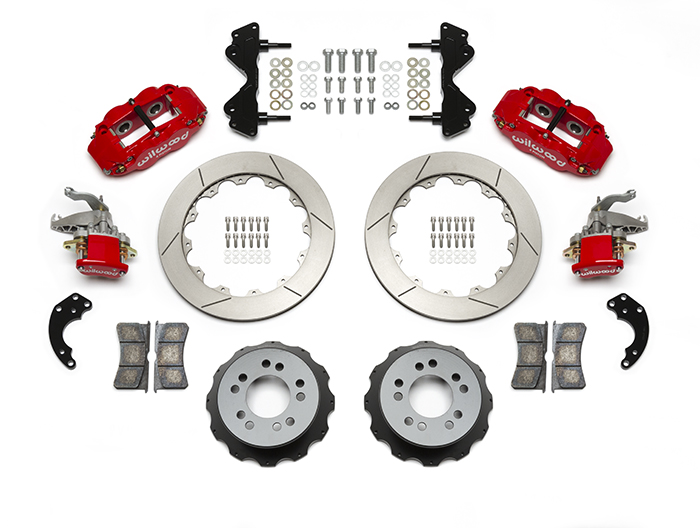 Wilwood Forged Narrow Superlite 4R-MC4 Big Brake Rear Parking Brake Kit Parts Laid Out - Red Powder Coat Caliper - GT Slotted Rotor