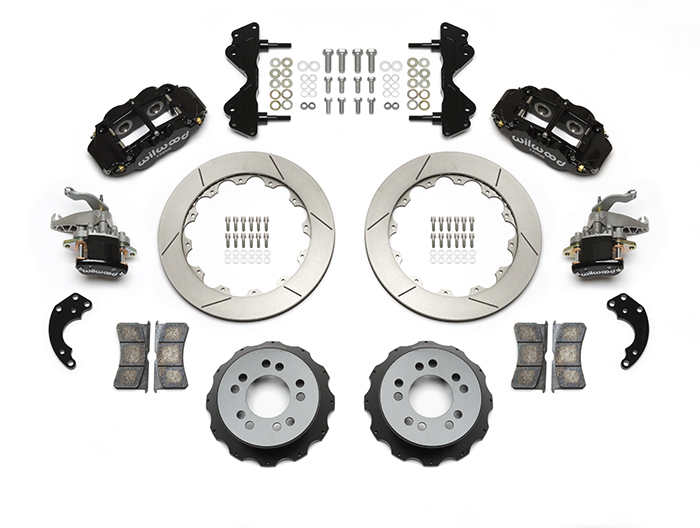 Wilwood Forged Narrow Superlite 4R-MC4 Big Brake Rear Parking Brake Kit Parts Laid Out - Black Powder Coat Caliper - GT Slotted Rotor