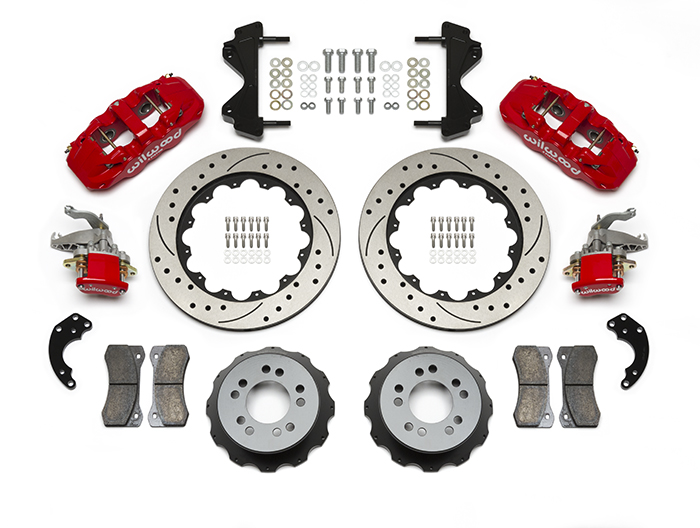 Wilwood AERO4-MC4 Big Brake Rear Parking Brake Kit Parts Laid Out - Red Powder Coat Caliper - SRP Drilled & Slotted Rotor