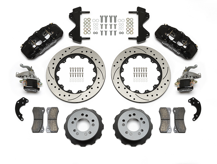 Wilwood AERO4-MC4 Big Brake Rear Parking Brake Kit Parts Laid Out - Black Powder Coat Caliper - SRP Drilled & Slotted Rotor