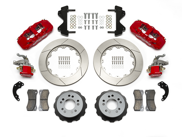 Wilwood AERO4-MC4 Big Brake Rear Parking Brake Kit Parts Laid Out - Red Powder Coat Caliper - GT Slotted Rotor