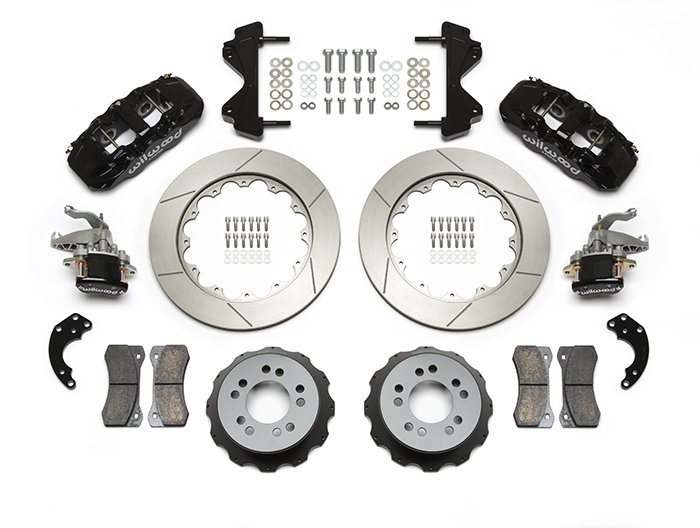 Wilwood AERO4-MC4 Big Brake Rear Parking Brake Kit Parts Laid Out - Black Powder Coat Caliper - GT Slotted Rotor