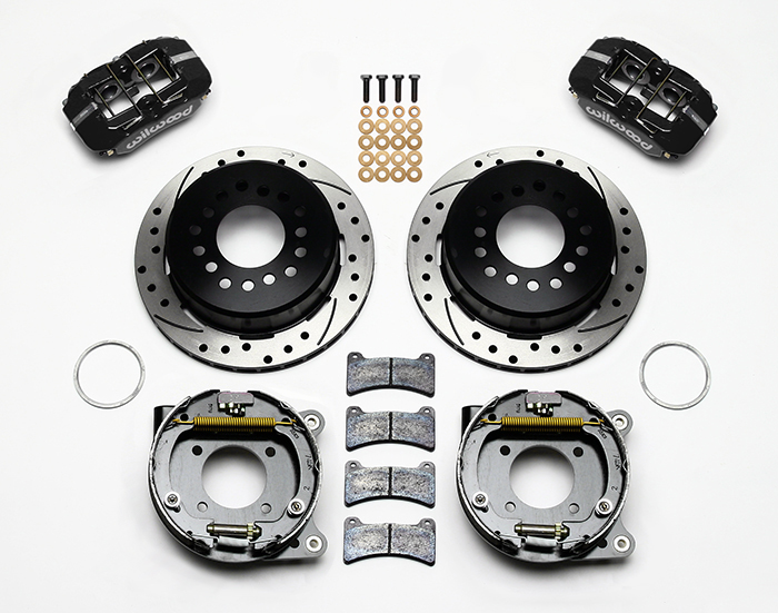 Wilwood Forged Dynapro Low-Profile Rear Parking Brake Kit Parts Laid Out - Black Powder Coat Caliper - SRP Drilled & Slotted Rotor