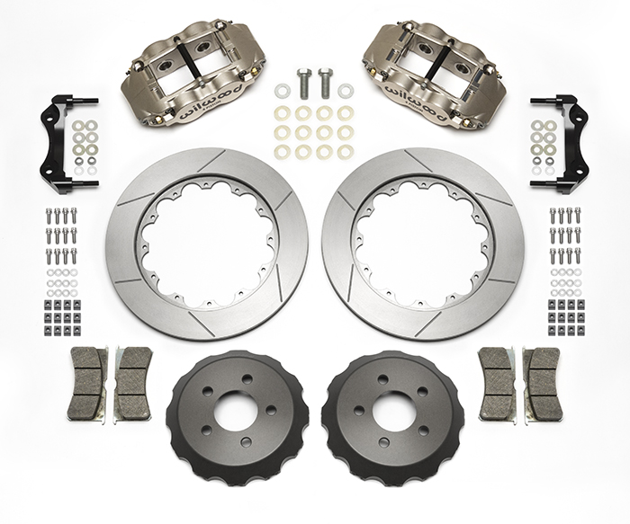 Wilwood Forged Superlite 4R Big Brake Rear Brake Kit (Race) Parts Laid Out - Nickel Plate Caliper - GT Slotted Rotor