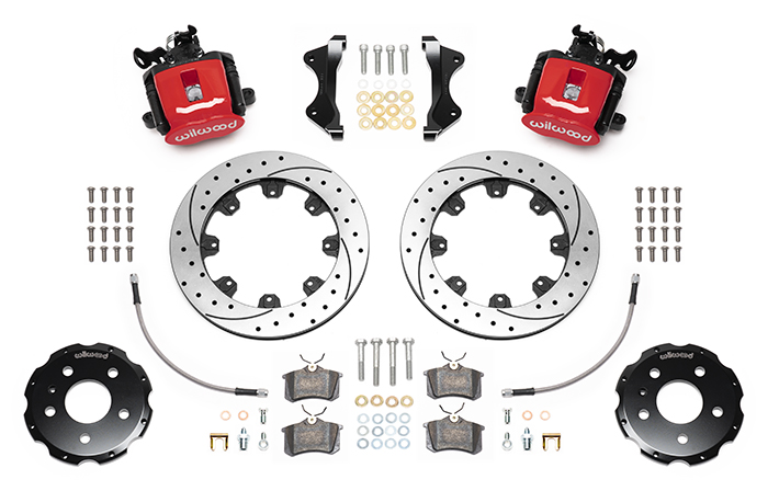 Wilwood Combination Parking Brake Caliper Rear Brake Kit Parts Laid Out - Red Powder Coat Caliper - SRP Drilled & Slotted Rotor