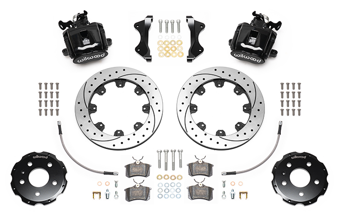 Wilwood Combination Parking Brake Caliper Rear Brake Kit Parts Laid Out - Black Powder Coat Caliper - SRP Drilled & Slotted Rotor