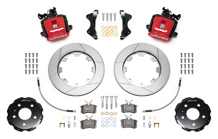 Wilwood Combination Parking Brake Caliper Rear Brake Kit Parts Laid Out - Red Powder Coat Caliper - GT Slotted Rotor