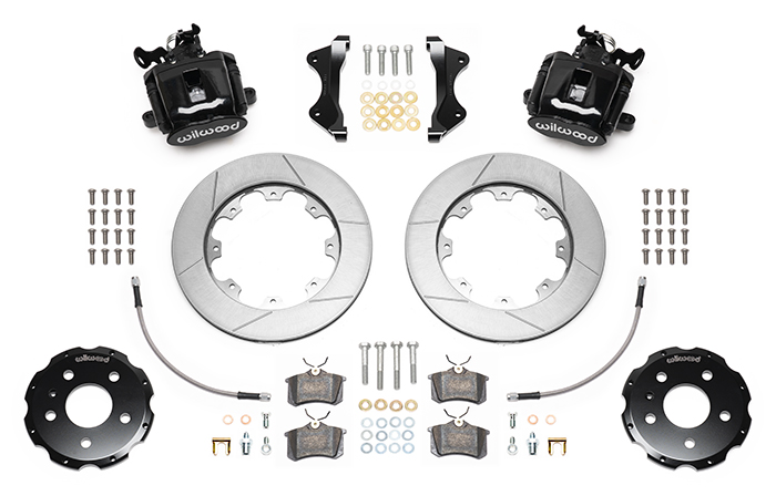 Wilwood Combination Parking Brake Caliper Rear Brake Kit Parts Laid Out - Black Powder Coat Caliper - GT Slotted Rotor