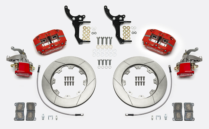 Wilwood Dynapro Radial-MC4 Rear Parking Brake Kit Parts Laid Out - Red Powder Coat Caliper - GT Slotted Rotor