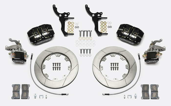 Wilwood Dynapro Radial-MC4 Rear Parking Brake Kit Parts Laid Out - Black Powder Coat Caliper - GT Slotted Rotor