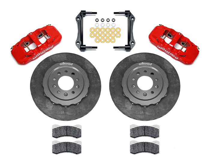 Wilwood AERO4 WCCB Carbon-Ceramic Big Brake Rear Kit Parts Laid Out - Red Powder Coat Caliper - Plain Face Rotor