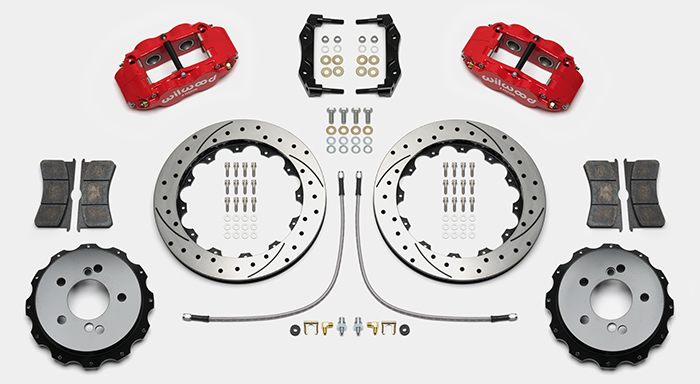 Wilwood Forged Narrow Superlite 4R Big Brake Rear Brake Kit For OE Parking Brake Parts Laid Out - Red Powder Coat Caliper - SRP Drilled & Slotted Rotor