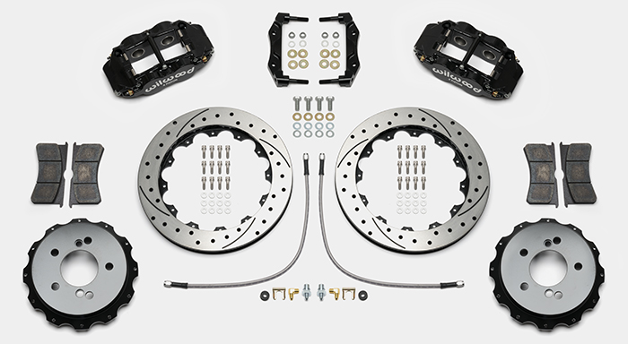 Wilwood Forged Narrow Superlite 4R Big Brake Rear Brake Kit For OE Parking Brake Parts Laid Out - Black Powder Coat Caliper - SRP Drilled & Slotted Rotor