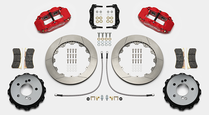 Wilwood Forged Narrow Superlite 4R Big Brake Rear Brake Kit For OE Parking Brake Parts Laid Out - Red Powder Coat Caliper - GT Slotted Rotor