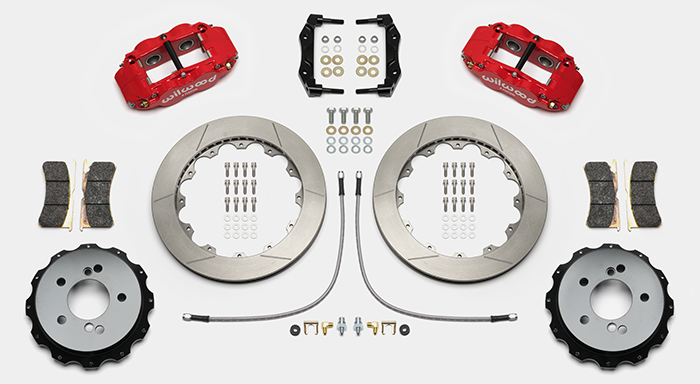 Wilwood Forged Narrow Superlite 4R Big Brake Rear Brake Kit For OE Parking Brake Parts Laid Out - Red Powder Coat Caliper - GT Slotted Rotor