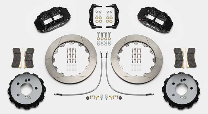 Wilwood Forged Narrow Superlite 4R Big Brake Rear Brake Kit For OE Parking Brake Parts Laid Out - Black Powder Coat Caliper - GT Slotted Rotor