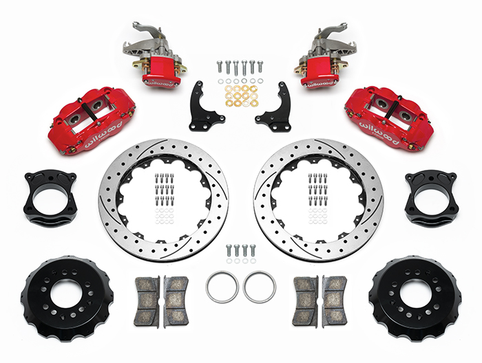 Wilwood Forged Narrow Superlite 4R-MC4 Big Brake Rear Parking Brake Kit Parts Laid Out - Red Powder Coat Caliper - SRP Drilled & Slotted Rotor